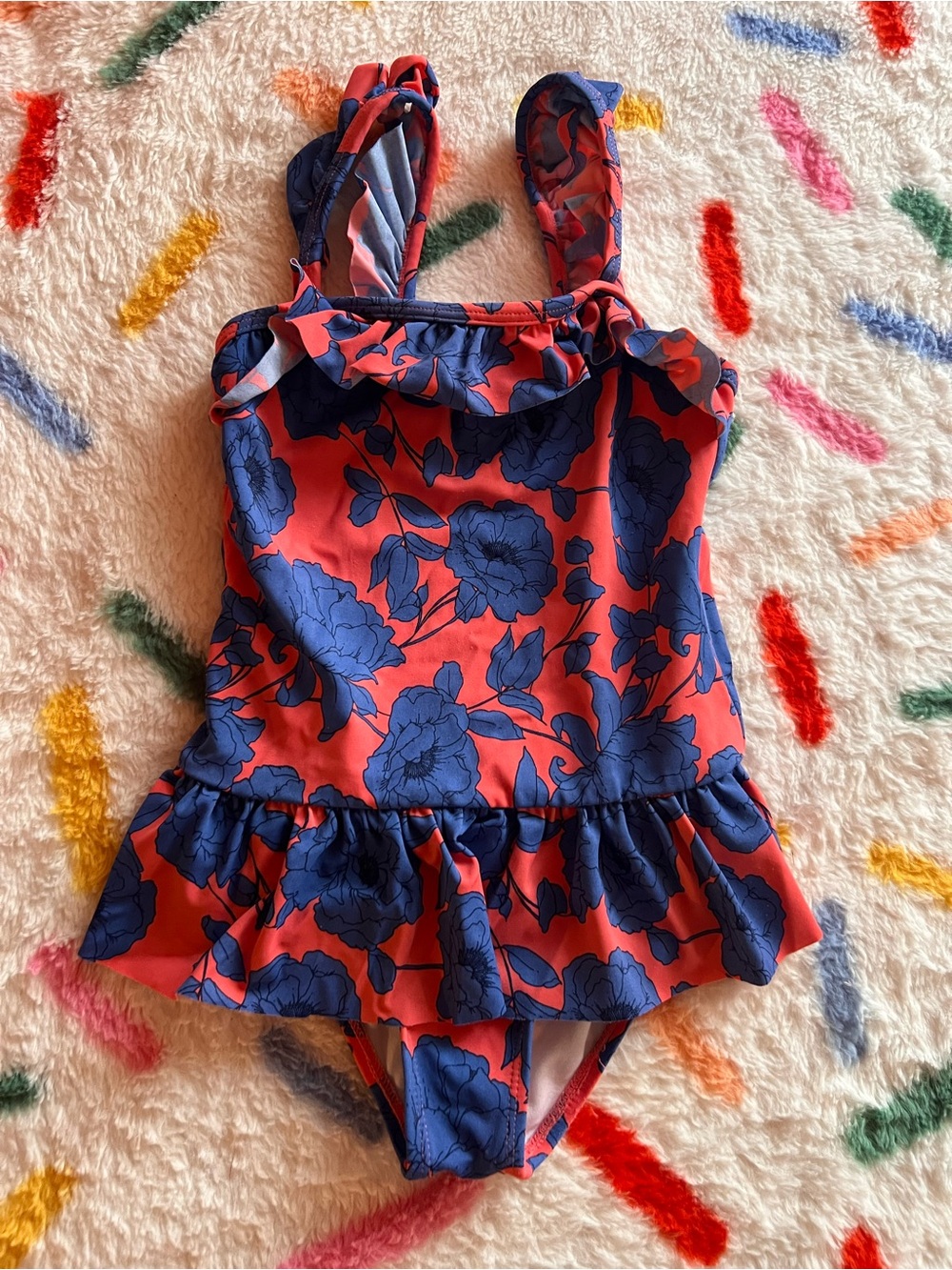 Janie and Jack Coral Pink One-Piece Swimsuit with Navy Floral Ruffle